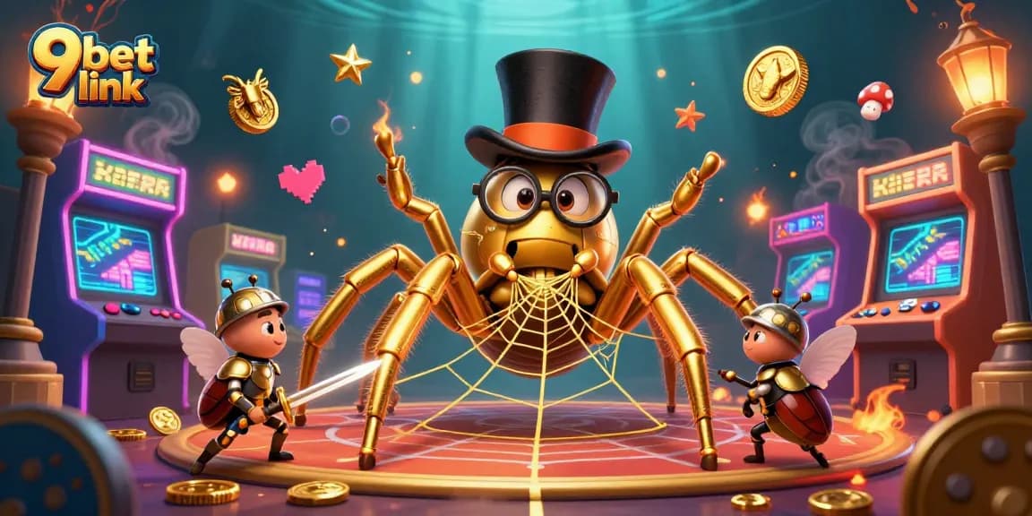Experience excitement at 9bet link featuring a golden tarantula and colorful gaming elements in a vibrant casino scene.
