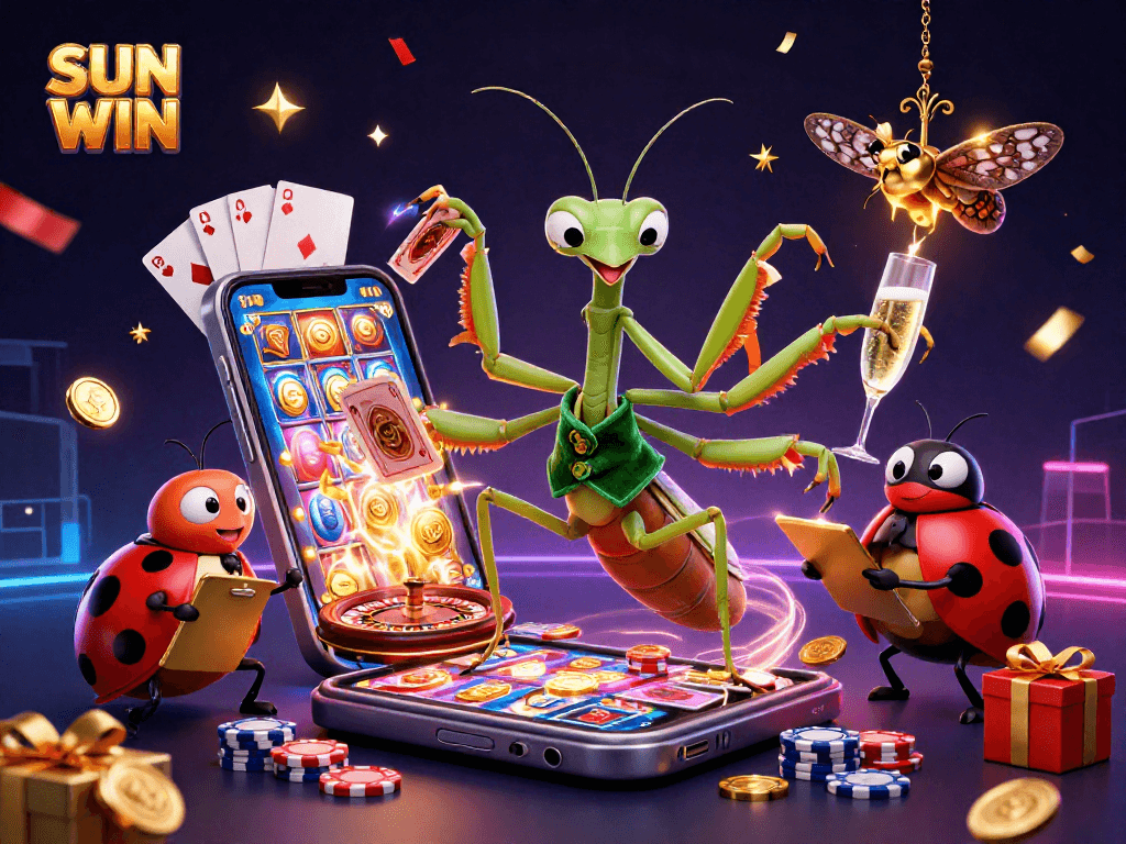 SUN WIN showcases a dynamic casino scene with a giant praying mantis card sharp and ladybug pit boss amidst card dealing and festive elements.