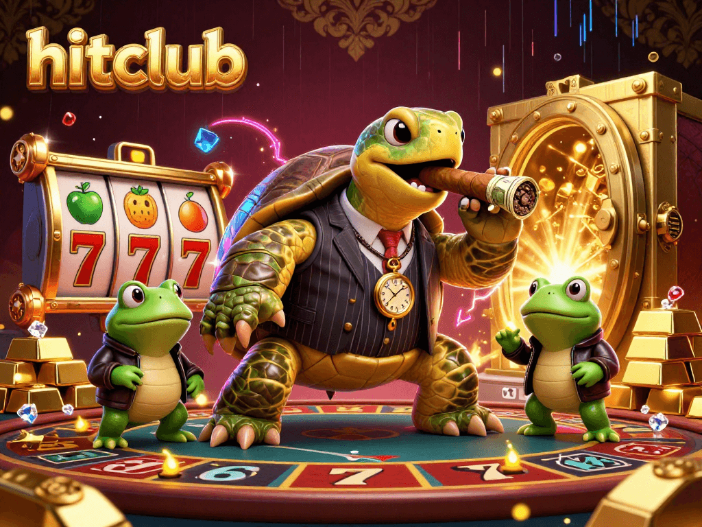 Spin and win with hitclub's vibrant casino scene featuring playful characters and dazzling treasures.