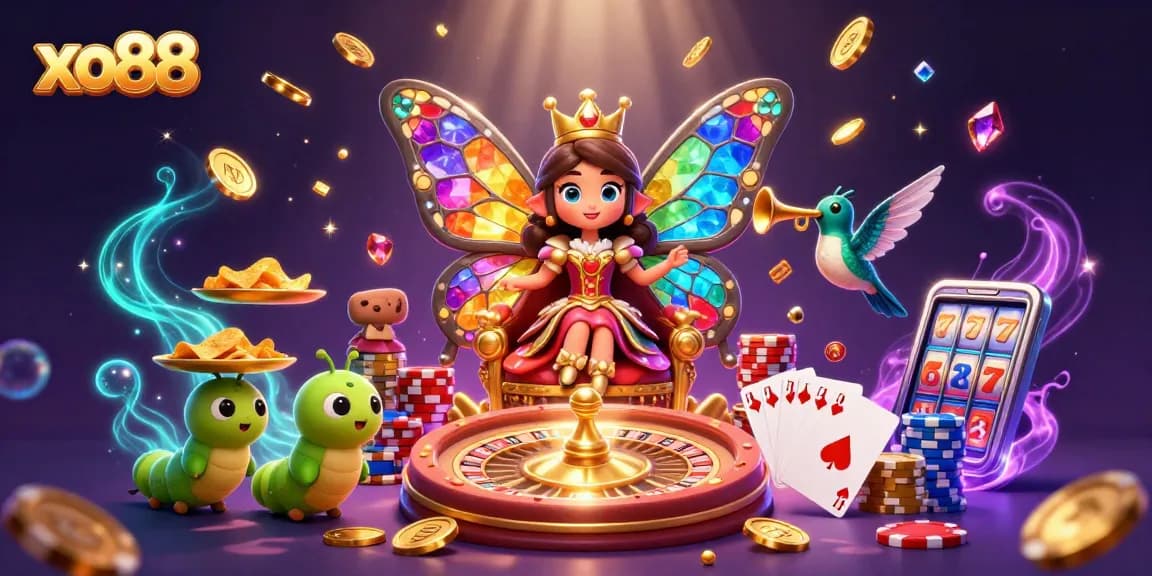 Experience the thrill of xo88 casino with vibrant characters, spinning roulette, and sparkling gems.