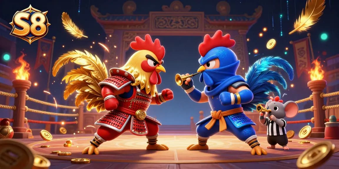Experience thrilling action at S8 with epic rooster battles and vibrant casino elements in this stunning illustration.