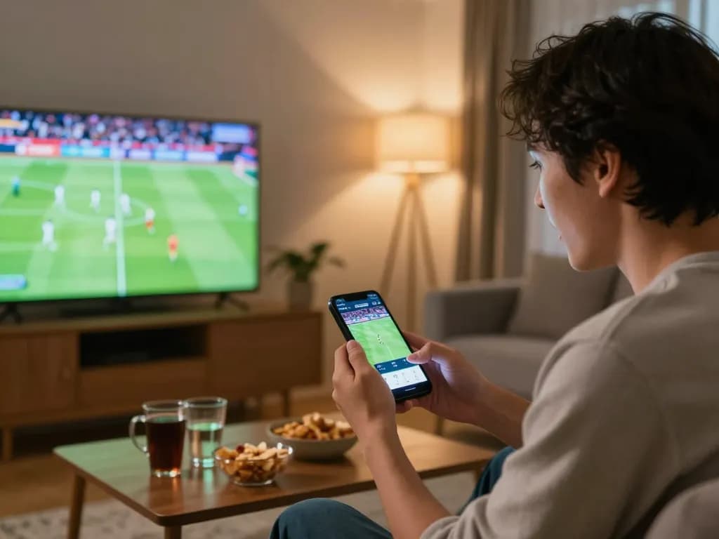 Person engaging with betting app on CAKHIATV while watching a live football match, illustrating sports betting excitement