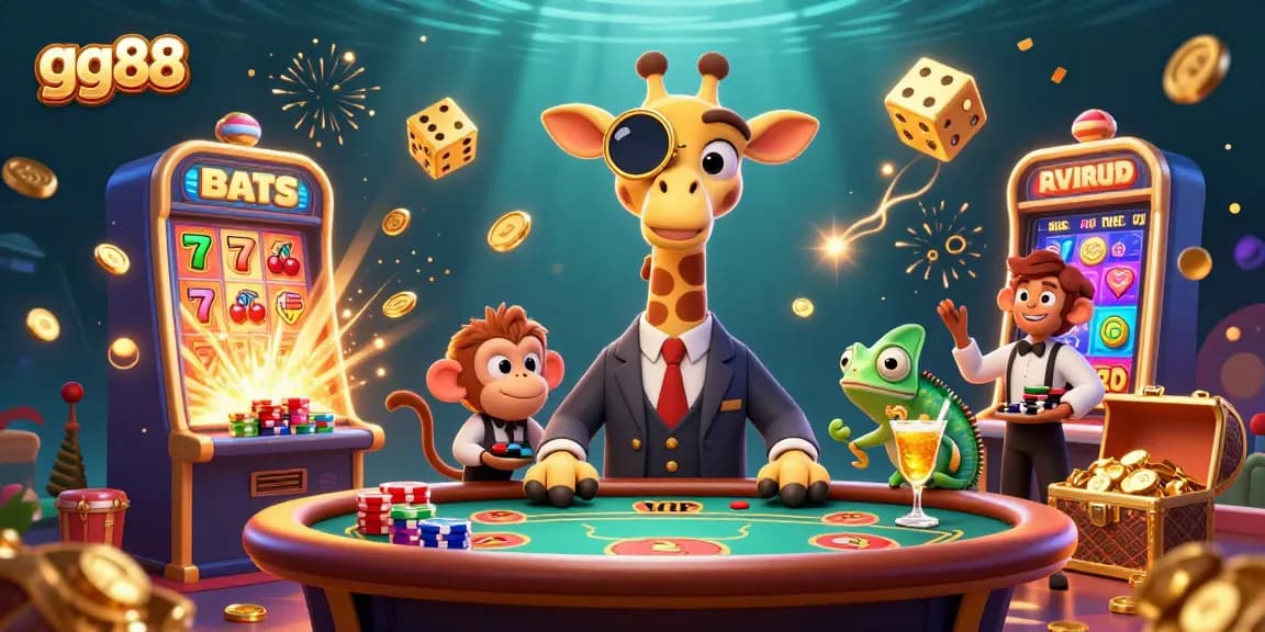 Experience thrilling casino action with gg88's vibrant illustration of a high-roller giraffe and dynamic gaming elements.