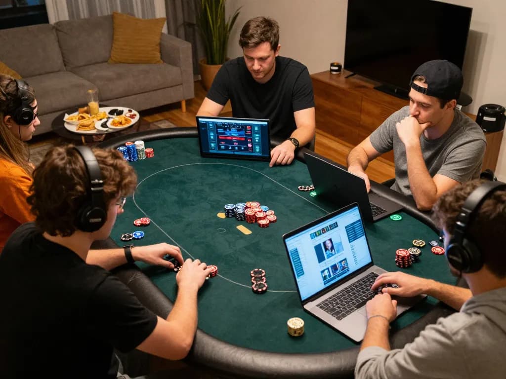 Play poker online with qq88, showcasing an exciting home game setup on laptops and great atmosphere.