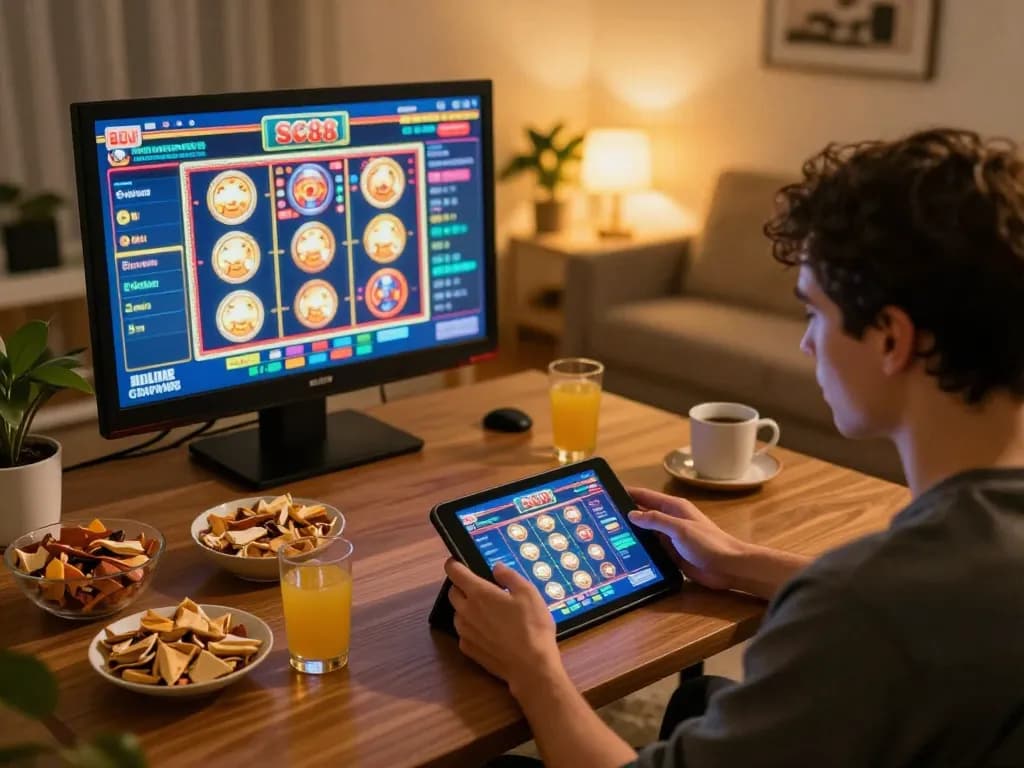 Engaged player enjoying SC88 casino games on their tablet at home, showcasing vibrant graphics and cozy atmosphere