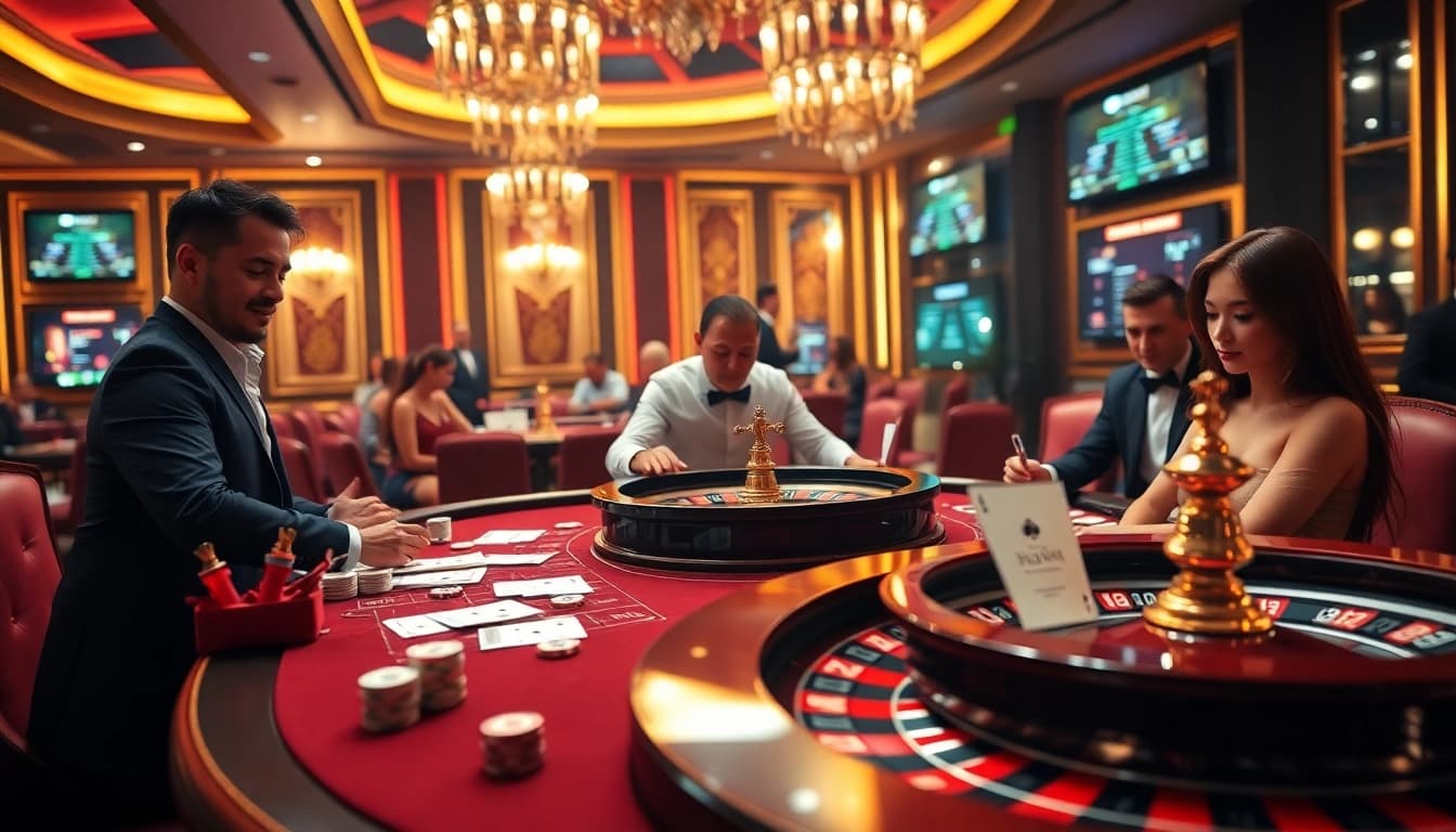 Kèo nhà cái betting scene showcasing a luxurious casino atmosphere with poker chips and a roulette wheel.