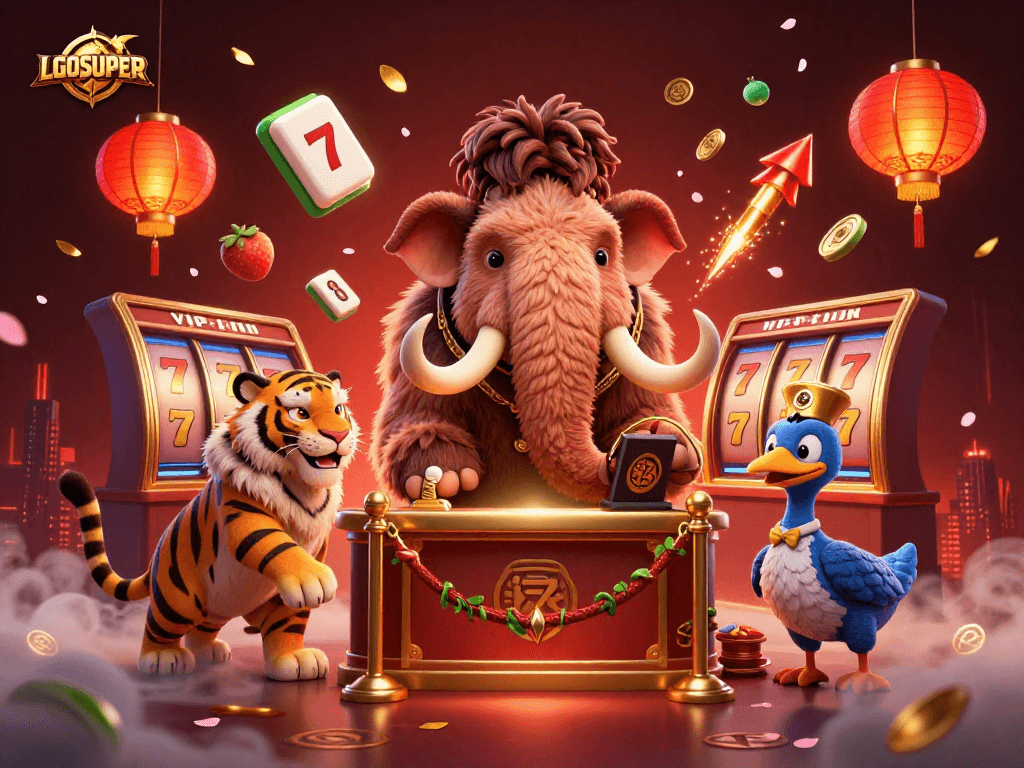 Experience the LGOSUPER thrill with dynamic slot reels and vibrant casino characters.