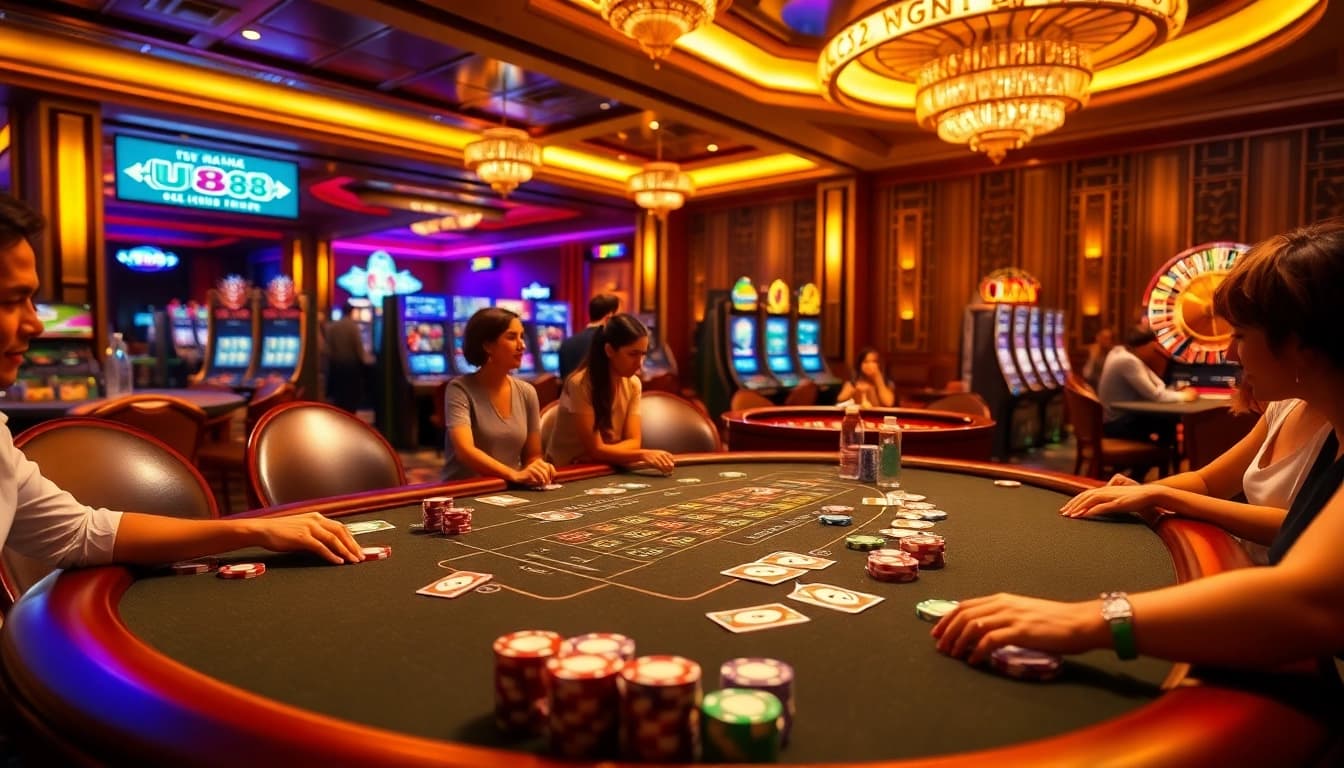 Experience thrilling U888 gaming at a professional casino with vibrant tables, chips, and players.