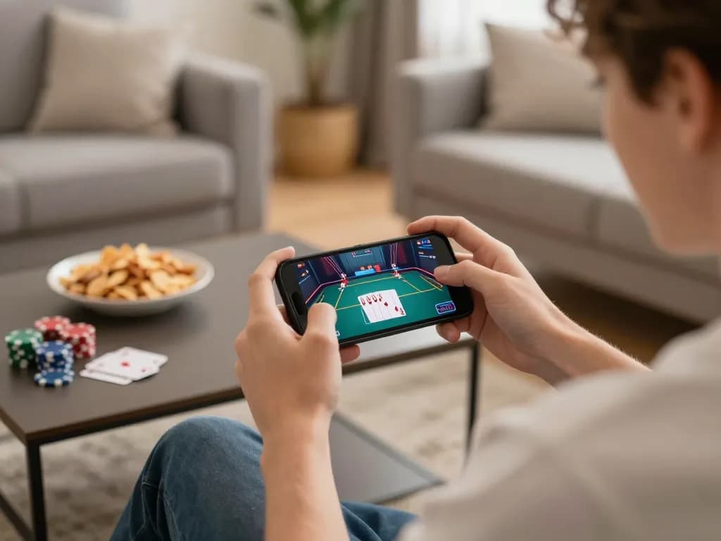 Engaging in fly88 đăng nhập on smartphone while playing live poker in a cozy home setting.