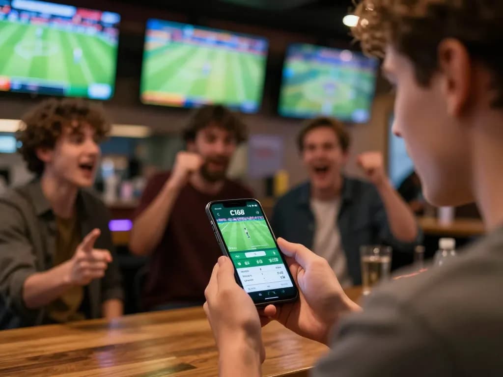 C168 mobile app user actively placing sports bets during a live game at a vibrant sports bar.