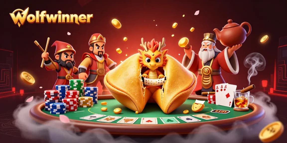 wolfwinner showcases a vibrant 3D illustration of a fortune cookie, poker chips, and dragon guardians.