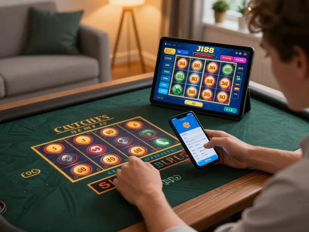 Engaging scenes of a player enjoying J188's online casino app, showcasing vibrant games and strategic gameplay.