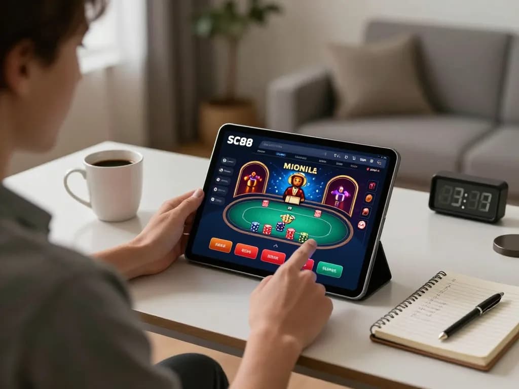 Engaging online gaming on SC88 app with a person analyzing gameplay strategies in a cozy home setting.
