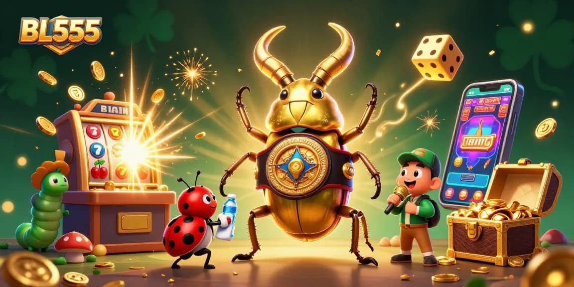 Experience the excitement of BL555 with a dynamic 3D illustration of a golden stag beetle champion amid casino games