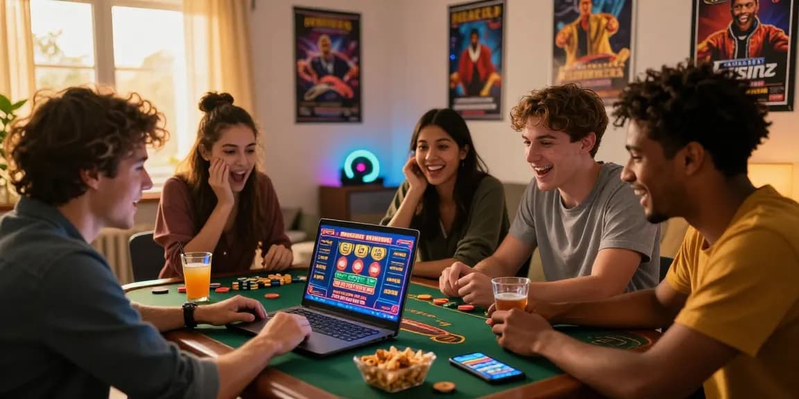 Diverse friends enjoying a gaming night at non UK casinos, showcasing excitement and engagement with laptop and snacks.