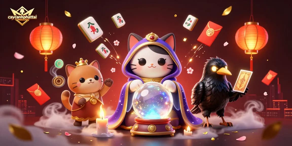Caycanhphattai enhances gaming excitement with a mystical 3D cat fortune teller and vibrant elements.