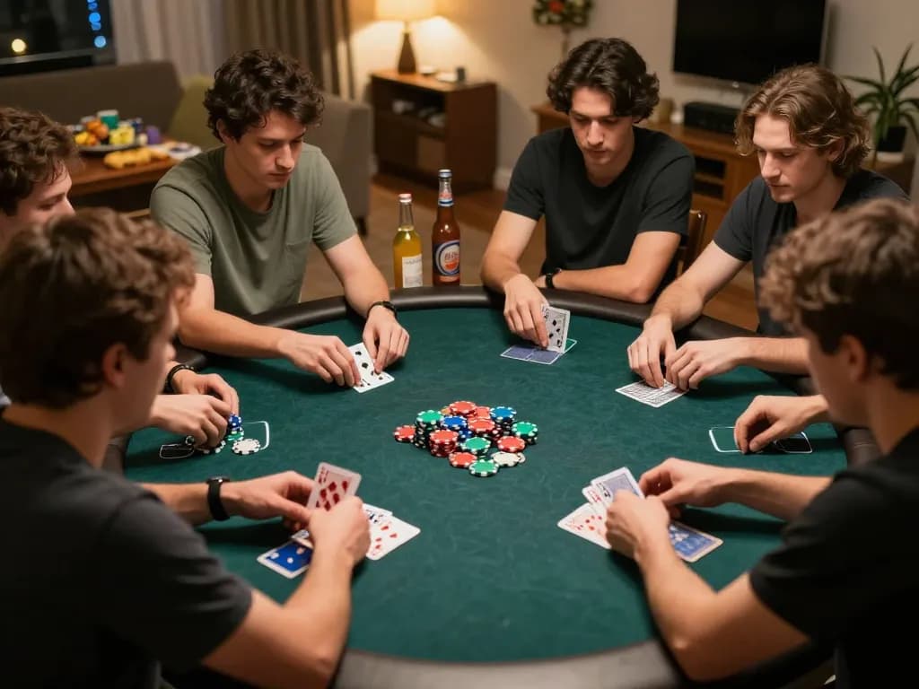 Players engaging in a thrilling home poker game with chips and cards visible, showcasing the excitement of sunwin.