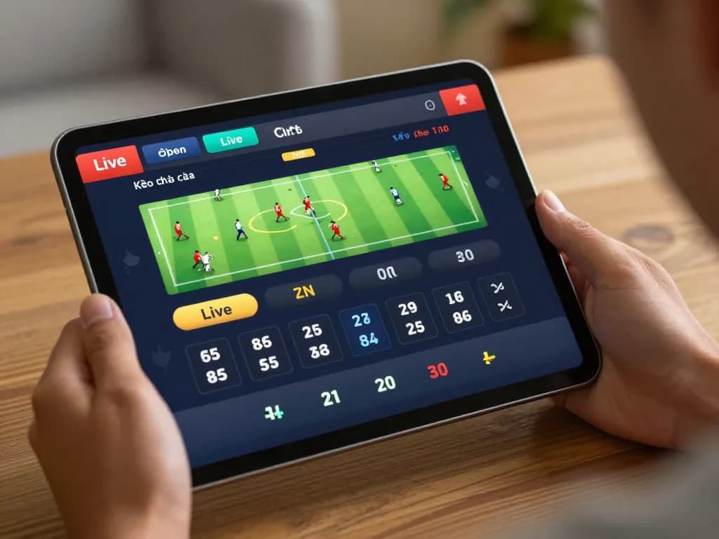Kèo nhà cái displayed on tablet screen as person strategically places sports bets at home.
