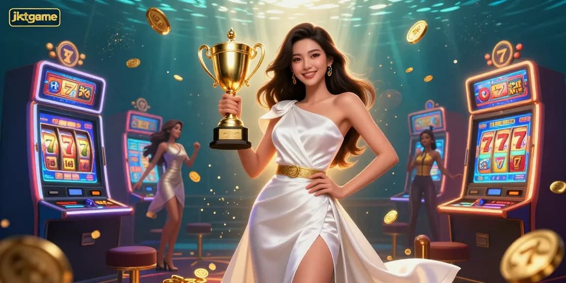 Memenangkan dengan jktgame di slot yang berwarna-warni, menampilkan trofi dan tema kasino yang dinamis.