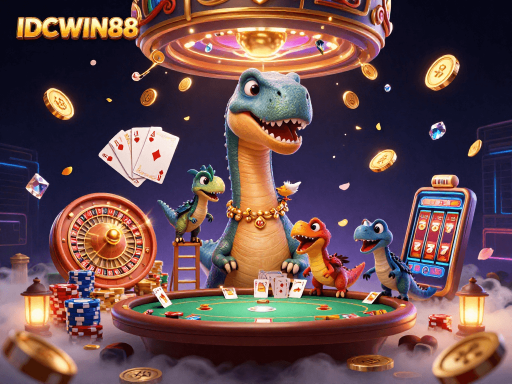 Engage with IDCWIN88's vibrant casino experience featuring interactive 3D characters and casino elements.