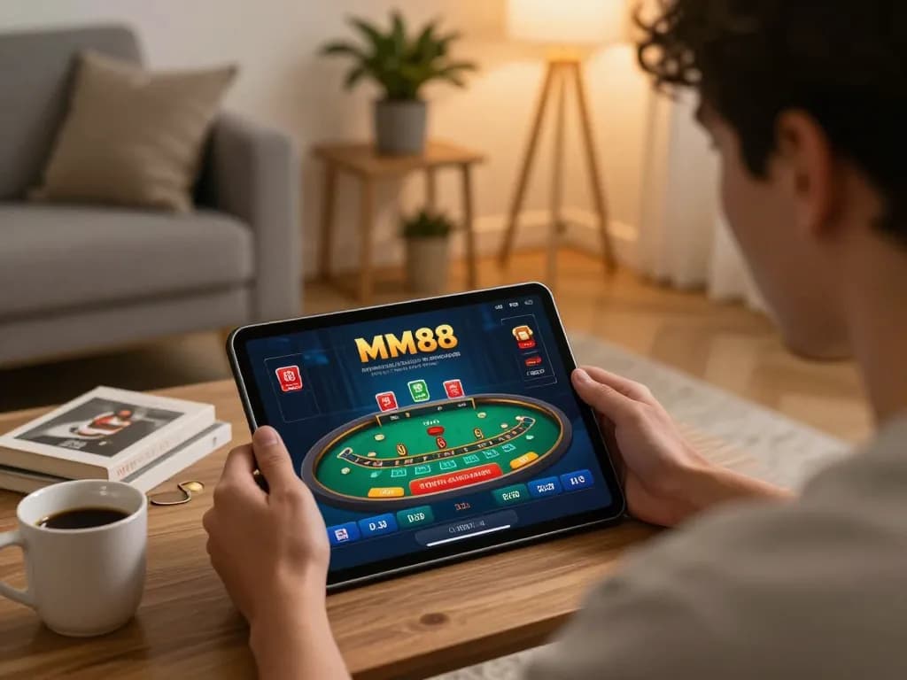 Player using MM88 app for blackjack in a cozy home setting, showcasing strategic gaming