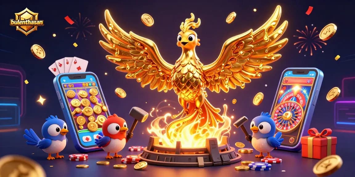 Bulenthasan showcases a vibrant online casino scene featuring a molten golden phoenix, dynamic game elements, and festive effects.
