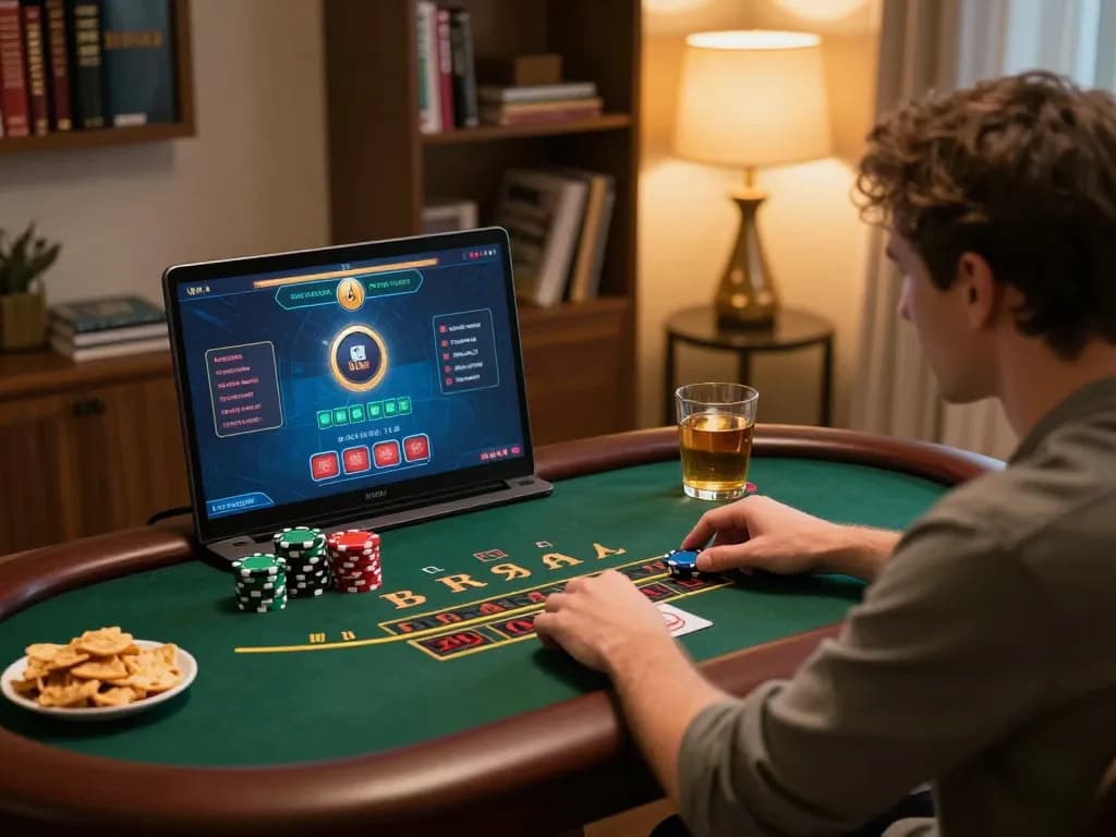 Engaged player using laptop for online casino games like du88. with ambient lighting and strategy notes
