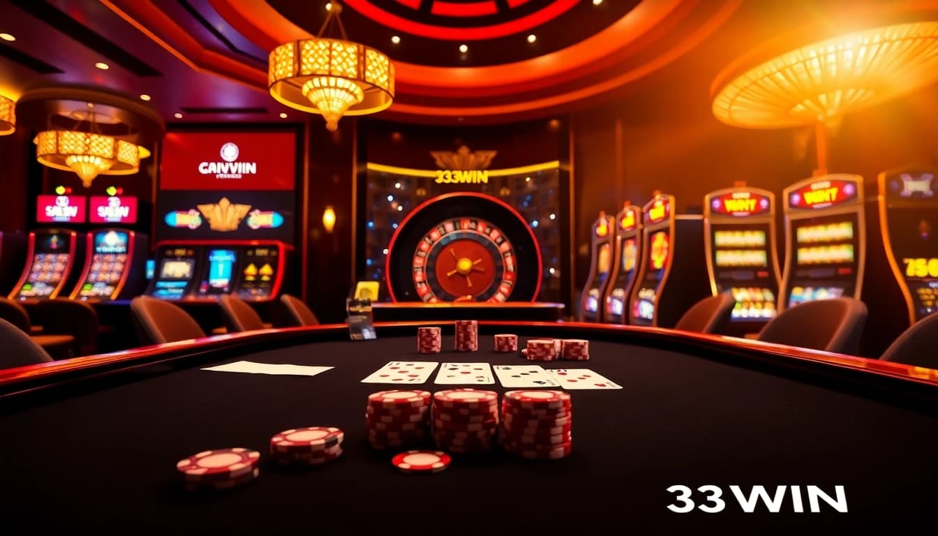 Engaging poker scene at a casino highlighting 33WIN gaming excitement and high-stakes action.