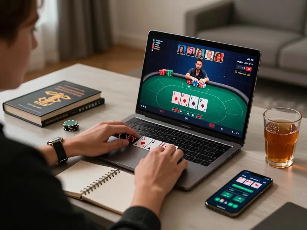 Engaging in j88 poker gameplay on a laptop, fueled by strategic notes and responsible gaming.