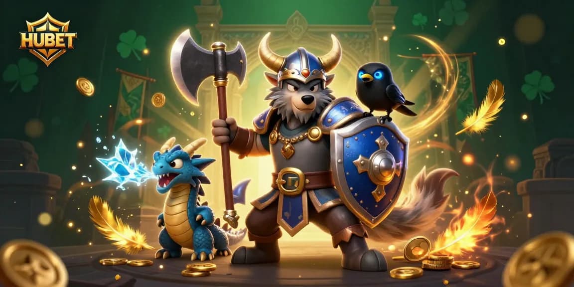 Join HUBET's thrilling adventure with Viking warrior, dragon, and raven in an exciting casino battle scene.
