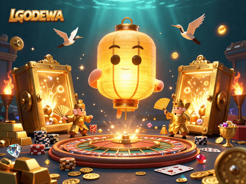 Experience the golden spirit of LGODEWA at the dynamic night market casino, surrounded by vibrant gaming elements.