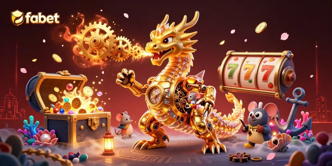 Engage with fabet's dynamic casino illustration featuring a golden dragon surrounded by slot elements and treasures.