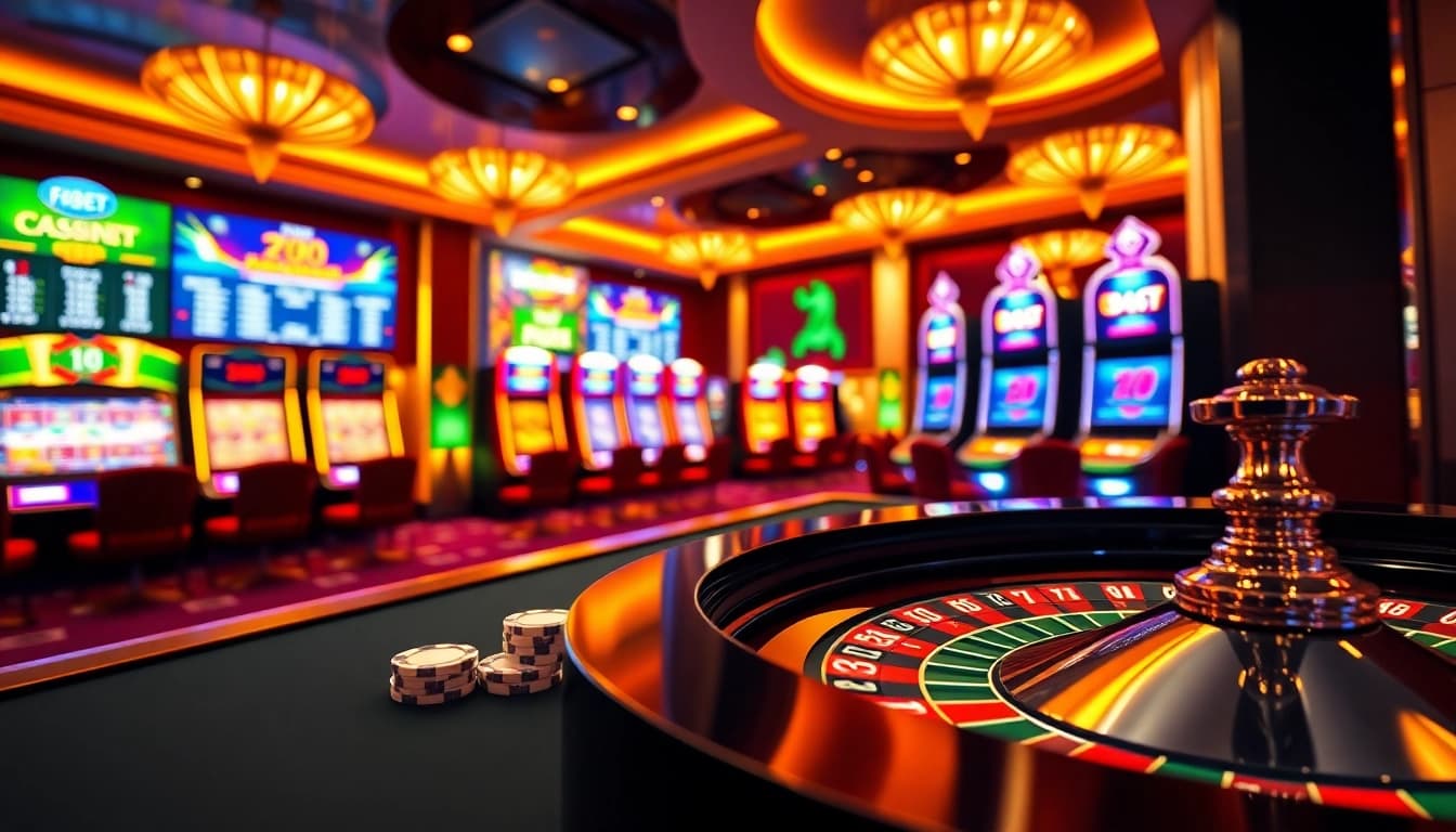 Experience F8BET excitement at a vibrant casino table with roulette and poker chips.