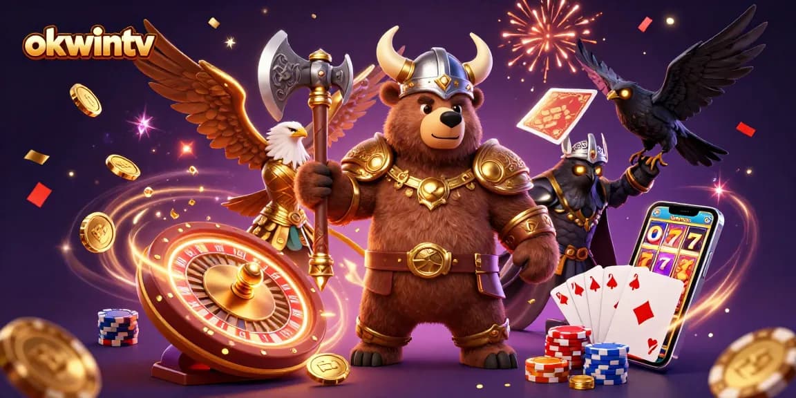 Experience thrilling jackpots with okwintv in a vibrant 3D casino scene featuring Viking and eagle characters.