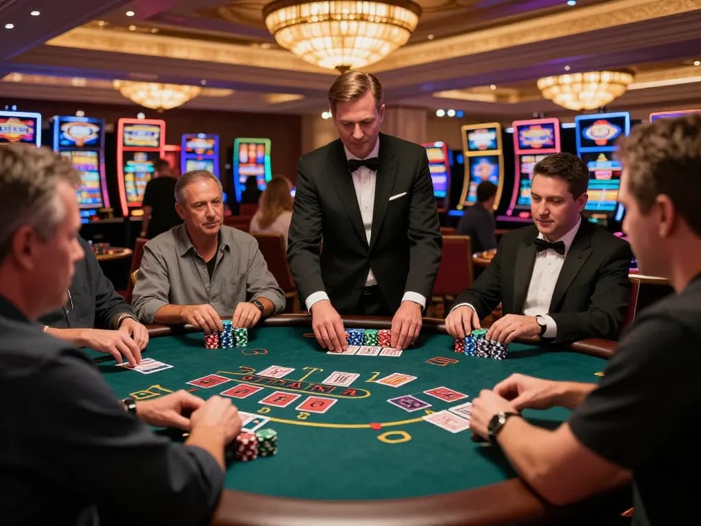79king players strategizing at a blackjack table in a vibrant Las Vegas casino scene