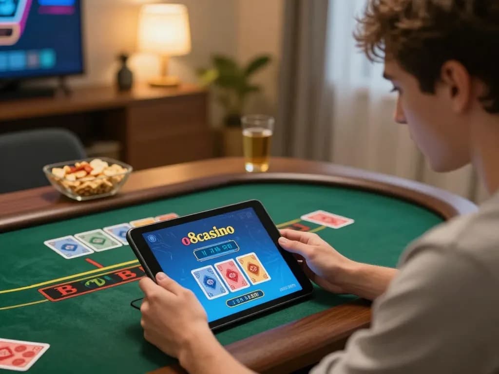 Engaged player enjoying blackjack on o8casino from home, tablet screen showing cards and betting options.