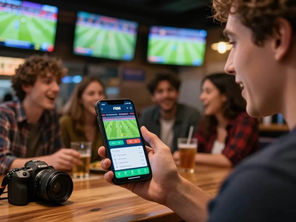 Player experiencing instant bets on the fb88 app during a live soccer match in a sports bar.