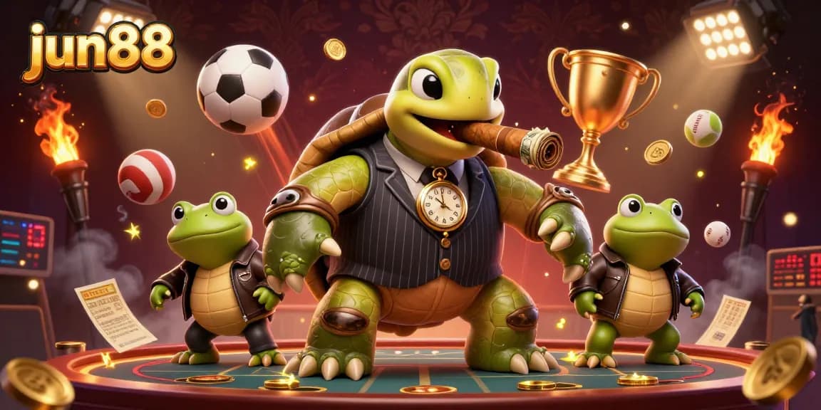 Experience the excitement of jun88 with a 3D cartoon turtle in a casino setting, flanked by bullfrog enforcers.