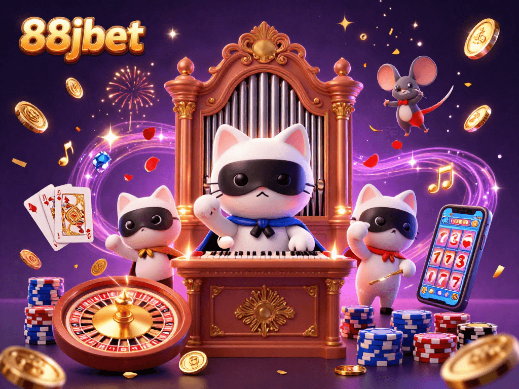 Experience the magic of 88jbet in this vibrant casino illustration with spinning wheels and lucky charms.