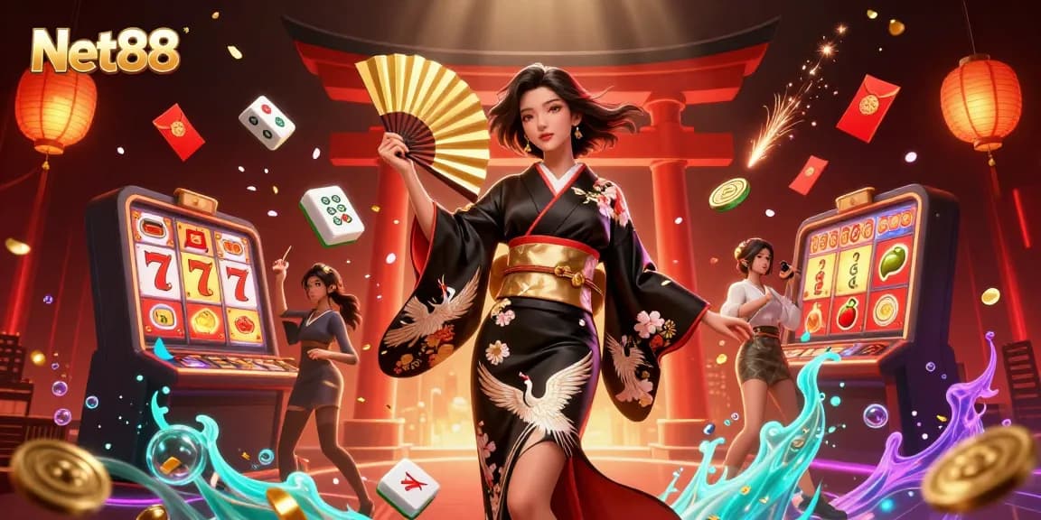Engage in thrilling gameplay at Net88, featuring dynamic slot reels, jackpots, and a stunning Asian-inspired theme.