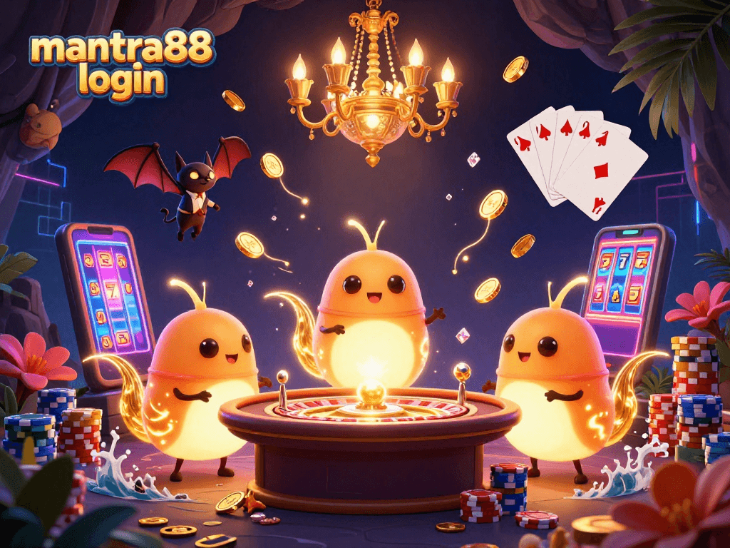 Experience the excitement at mantra88 login with glowing casino elements and vibrant characters.