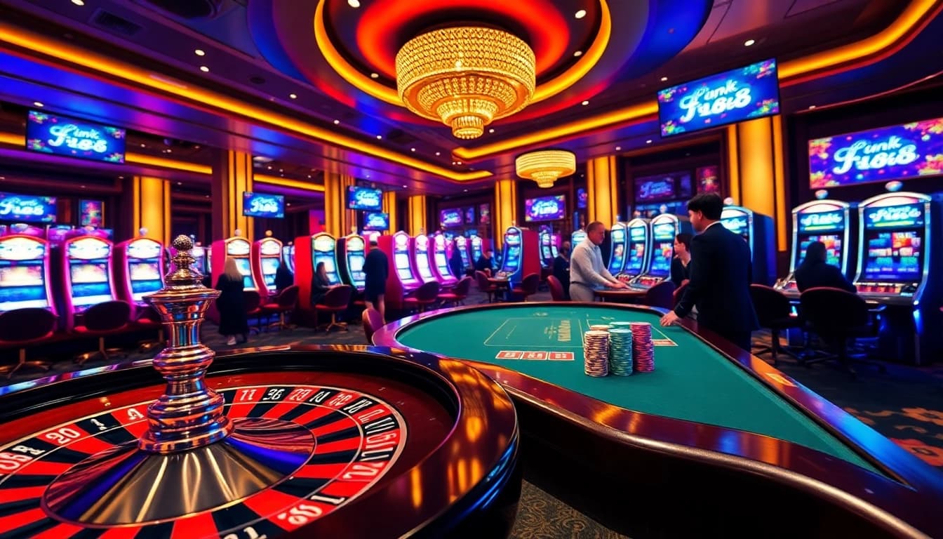 Experience the thrill of Link Fi88 at a luxurious casino with roulette, poker chips, and engaged players.