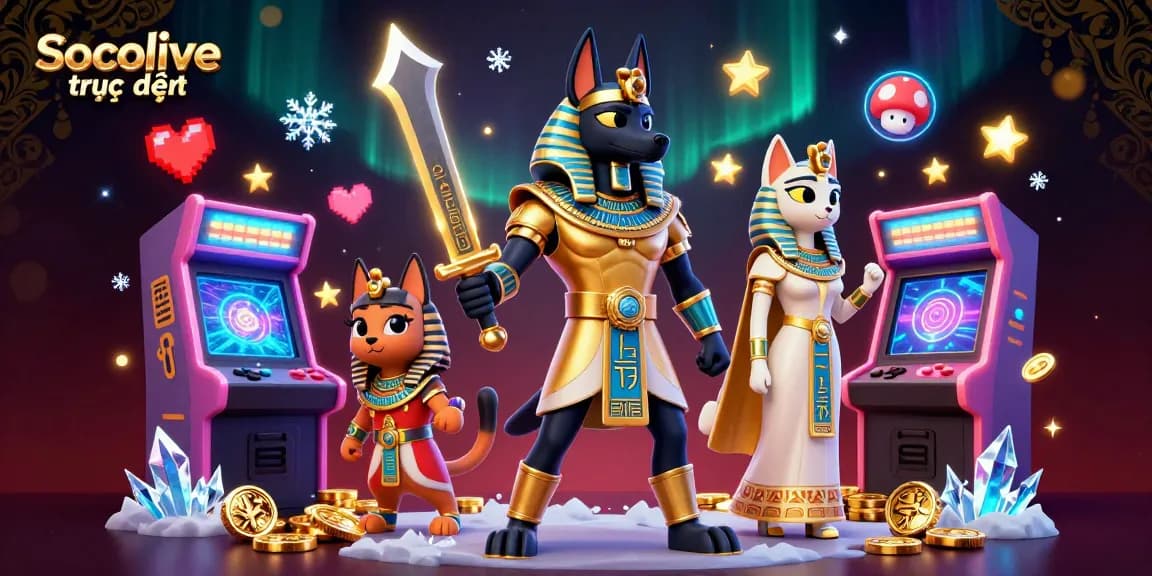 Socolive trực tiếp showcases a vibrant scene with Egyptian-themed characters and colorful gaming elements.