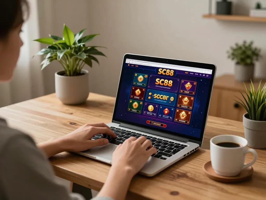 Player engaging with sc88 online casino game in a cozy home office.