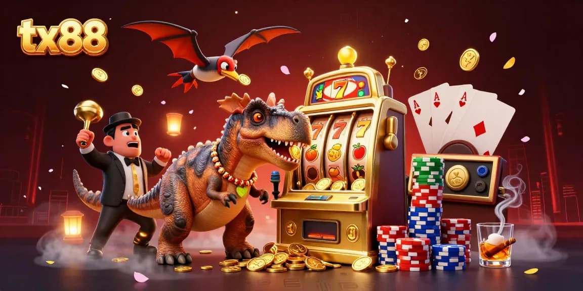 tx88 showcases a pachycephalosaurus winning a jackpot at a slot machine amidst lively casino elements.