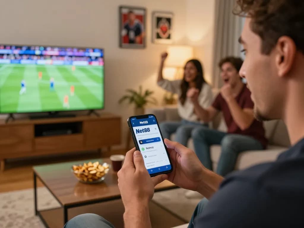 Sports fan placing bets with Net88 app during live game, energetic atmosphere in cozy living room.