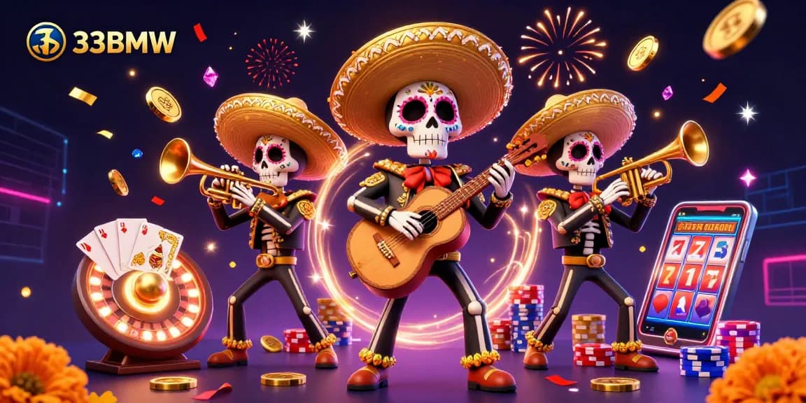 Engage with thrilling gaming at 33BMW with a colorful casino illustration featuring a lively mariachi band.