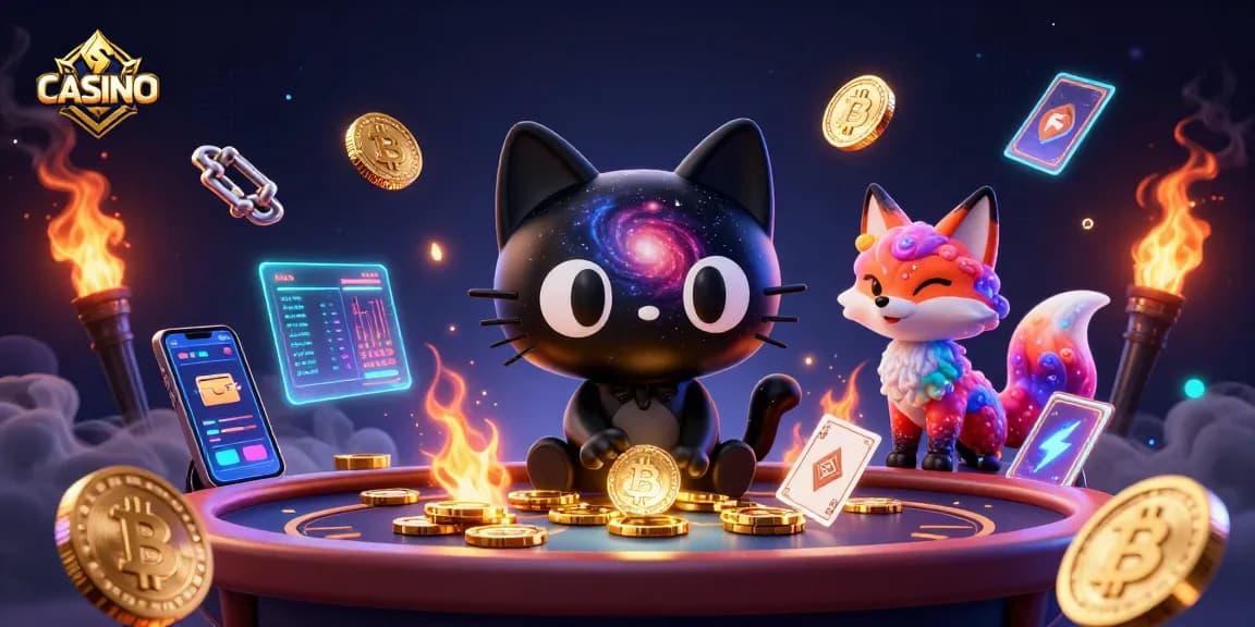 Engage in the vibrant CASINO scene featuring a black hole cat and colorful nebula fox with swirling cosmic elements.