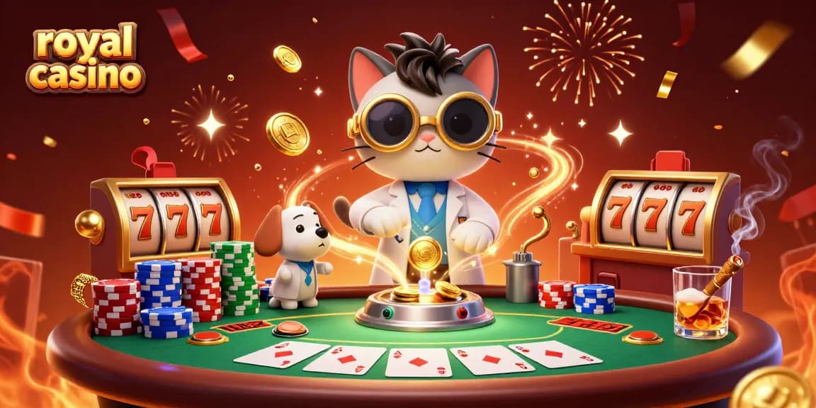 Experience wins at royal casino with a vibrant illustration featuring poker and slots excitement.