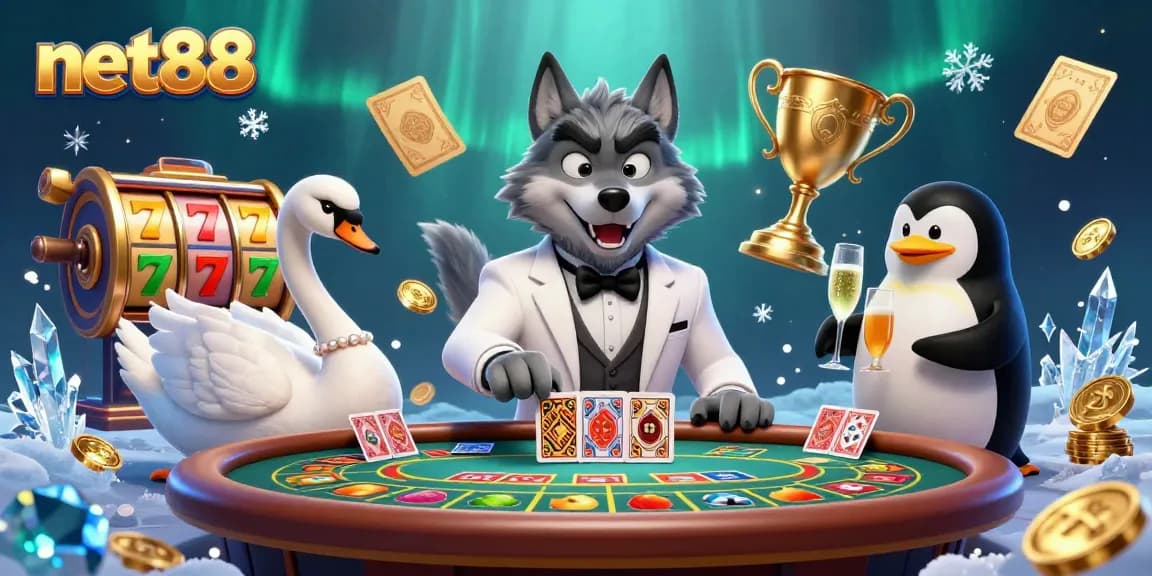 Experience the thrill at net88 with a debonair wolf, elegant swan, and penguin sommelier!